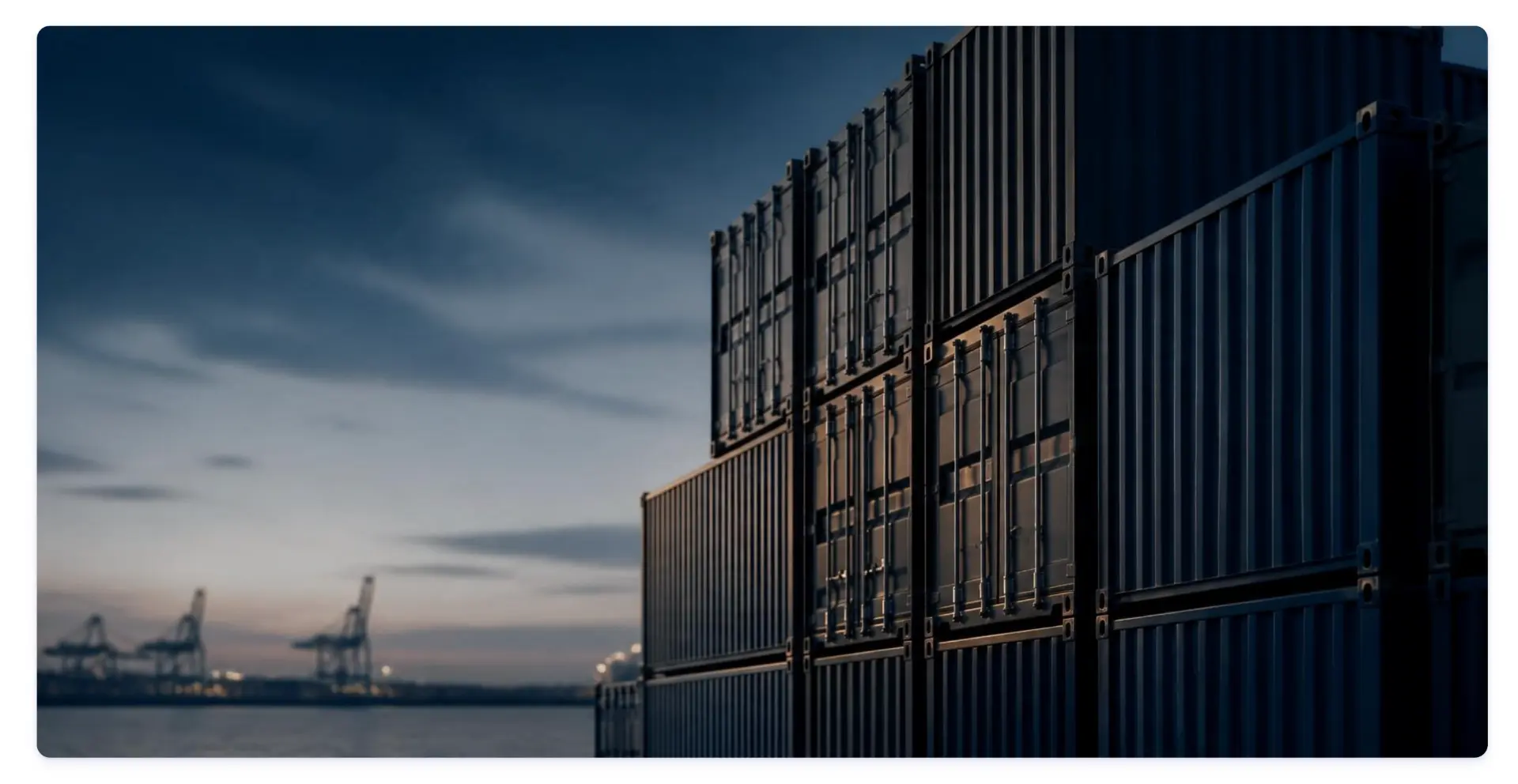 Stacked shipping containers at a port at dusk